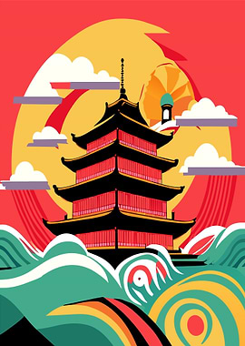 Kanagawa wave with pagoda