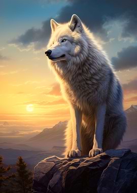 white wolf at sunset