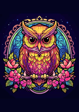 owl with colorful flowers