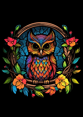 owl with colorful flowers
