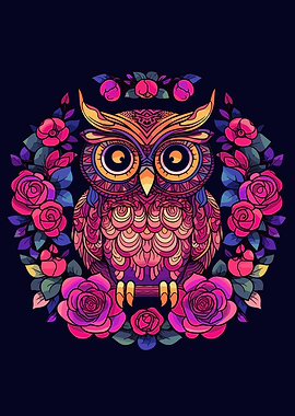 owl with colorful flowers