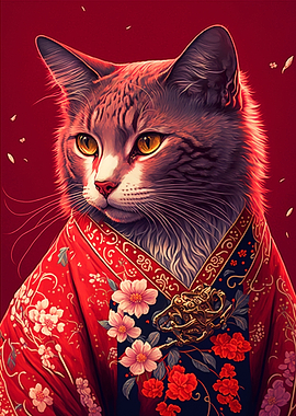 Japan kimono Cat in Red