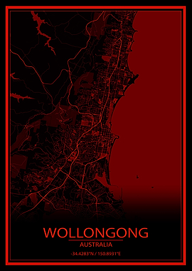 Wollongong Black Red Map