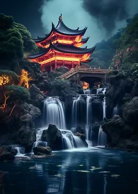 Temple Waterfall in Japan