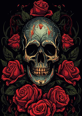 skull with red roses