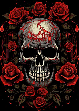 skull with red roses