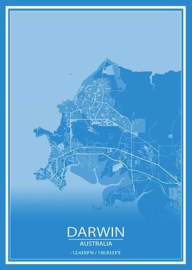 Darwin Australia Blue Map