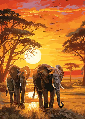 Elephants Africa Sunset