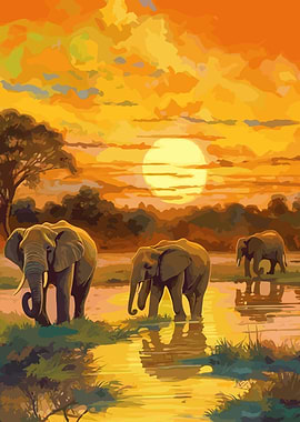 Elephants Africa Sunset
