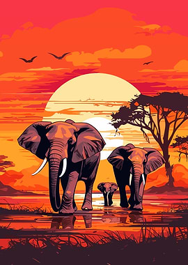 Elephants Africa Sunset