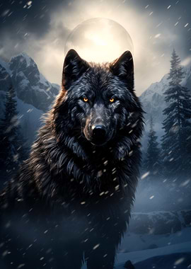 black wolf in snow