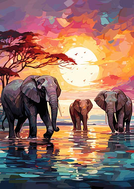 Elephants Africa Sunset