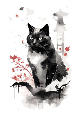 Japan Black Cat Painting