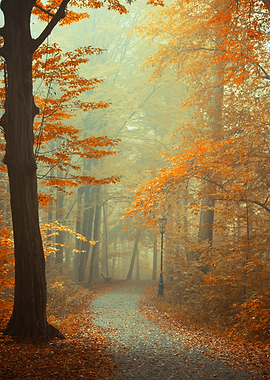 Autumn foggy alley in park