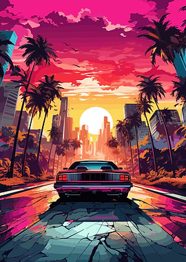 Synthwave Retro Car Sunset