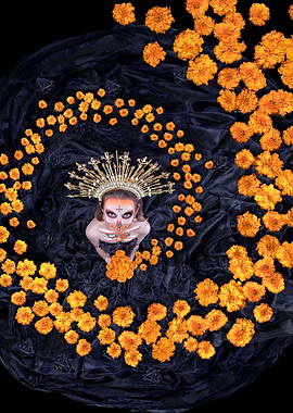 La Catrina holds a bouquet