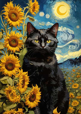 Black Cat and Sunflowers