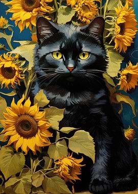 Black Cat and Flowers