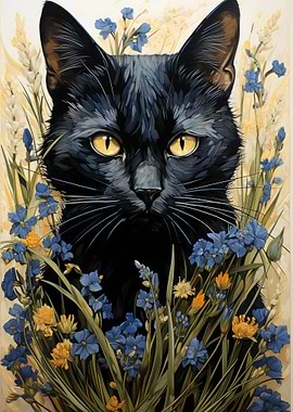 Black Cat and Flowers
