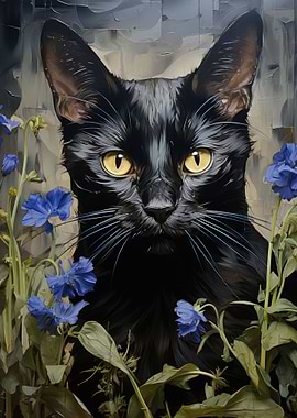 Black Cat and Flowers