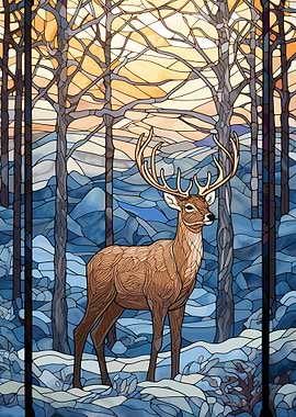 Deer Snowy Stained Glass