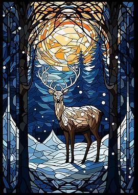 Deer Snowy Stained Glass