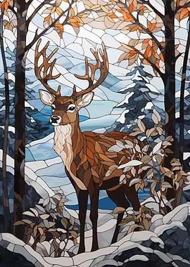Deer Snowy Stained Glass