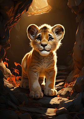 Lion cub in cave