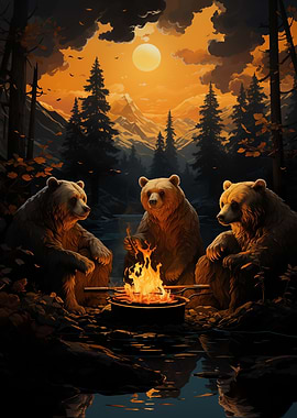 Bears sitting a campfire