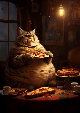 Fat Cat pet Eats Food Cake