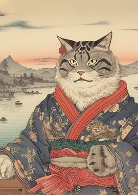 Cute Cat Ukiyoe Painting