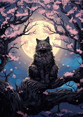 Cat Cherry Blossom Moon
