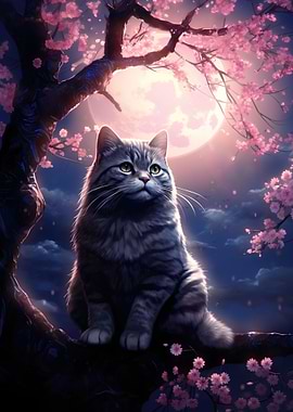 Cat Moon Cherry Blossom