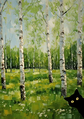 Black Cat In Birch Forest