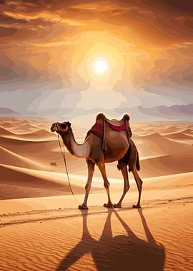 Camel and desert at sunset