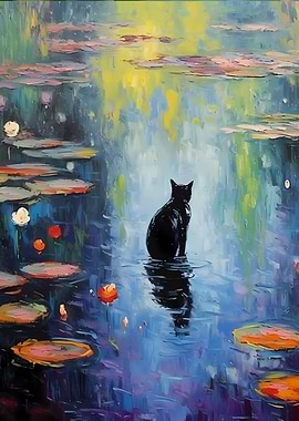 BLACK Cat Monet WaterLily