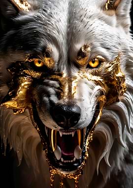 white and gold angry wolf