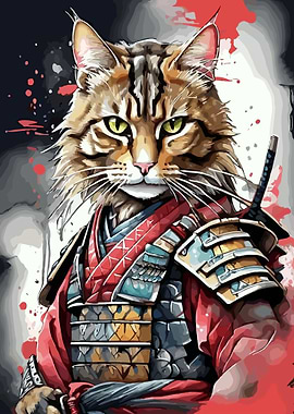 Watercolor Samurai Cat