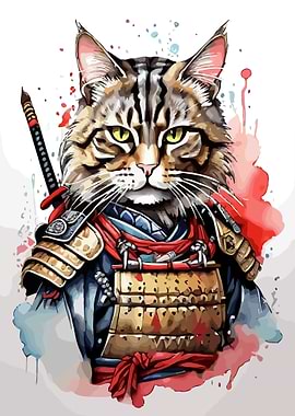 Watercolor Samurai Cat