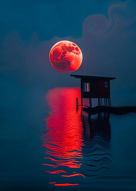 Big red moon over the sea