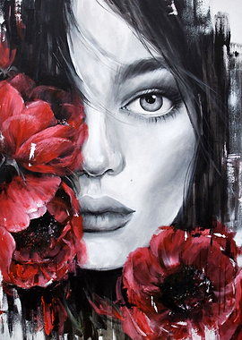 Girl with flowers poppies