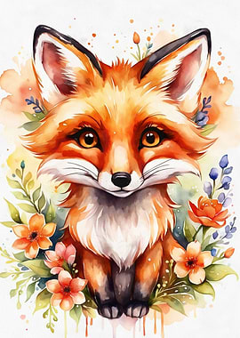 Red fox with flowers