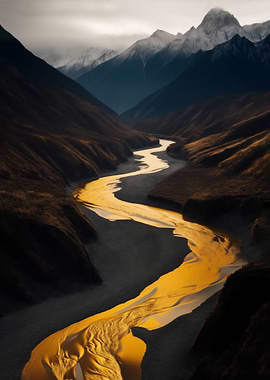 Golden river in mountains