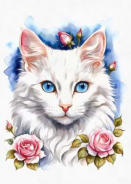 White cat with pink roses