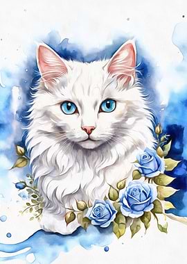 White cat with blue roses