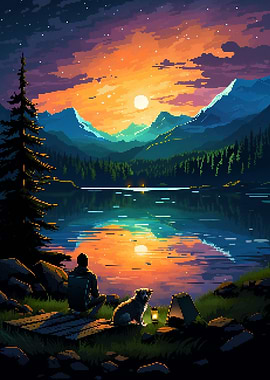Camp Dog Sunset Pixel Art
