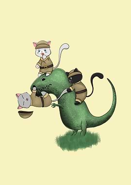 cats riding dinosaur