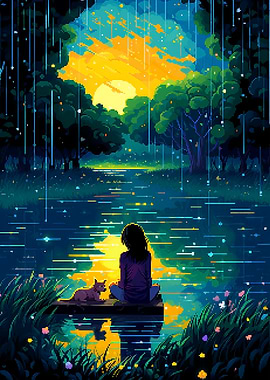 Girl Dog Rain Pixel Art