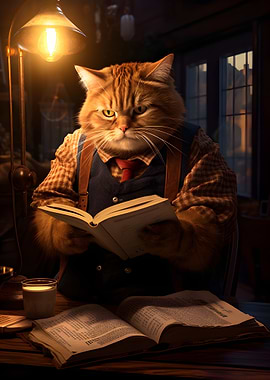cat reading a book