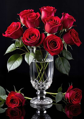 Red Roses in Crystal Vase
